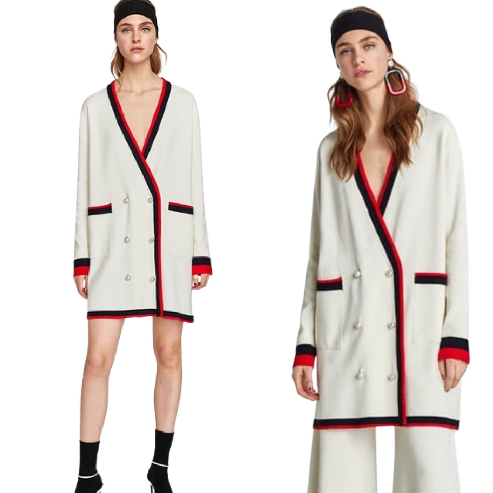 Zara White Cardigan with Black and Red Trim